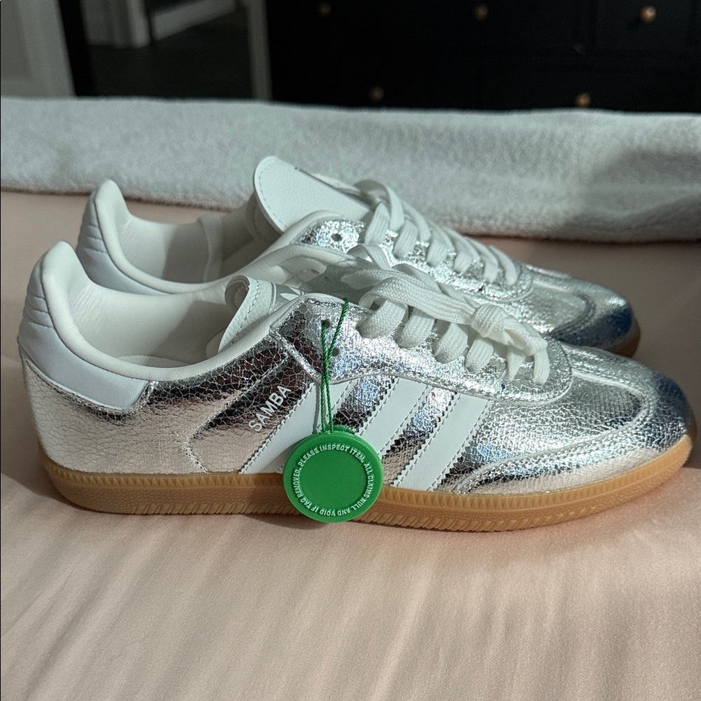 Adidas Silver Samba Sneakers with White Stripes